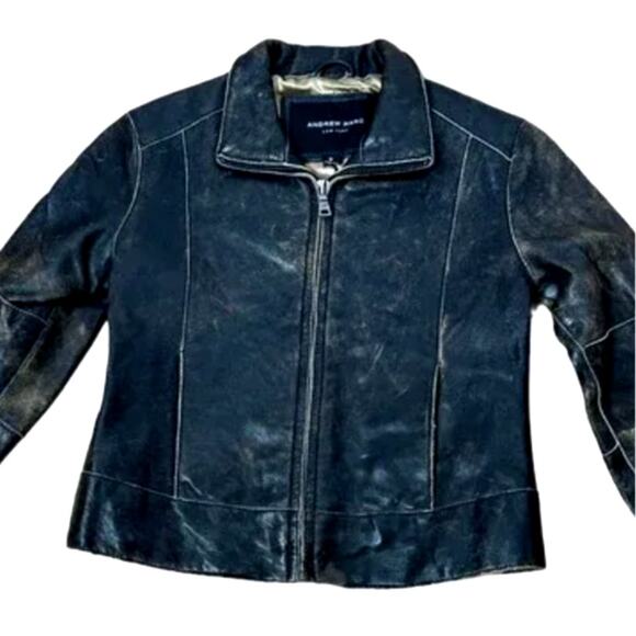 NEW! Andrew Marc Boys Small LEATHER Motorcycle Jacket Biker Distressed Black